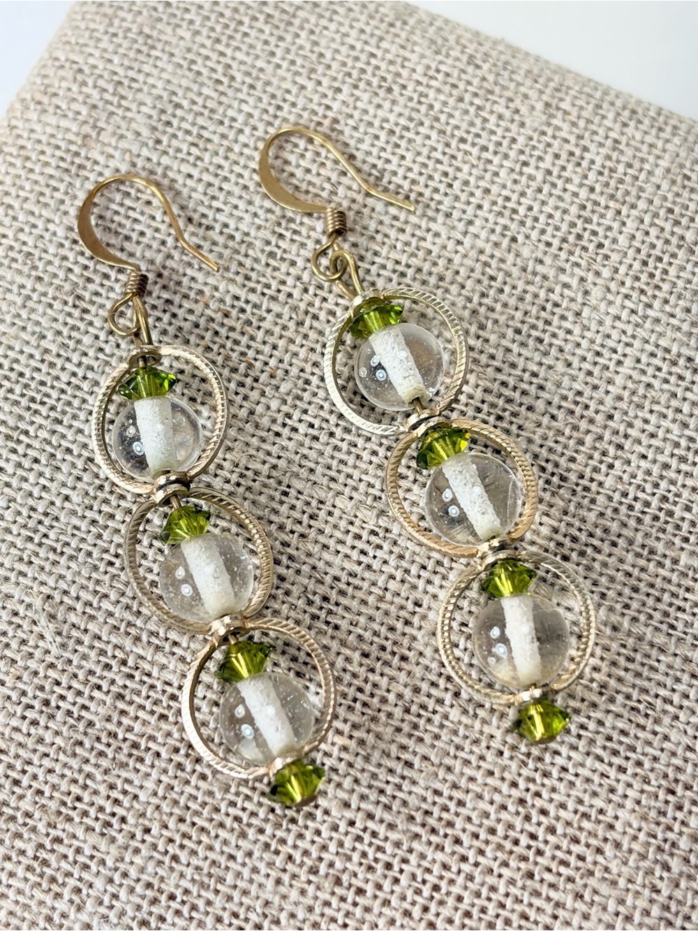 Artisan Gold-Tone Layered Rings Drop Earrings Clear and Olive Green Beads